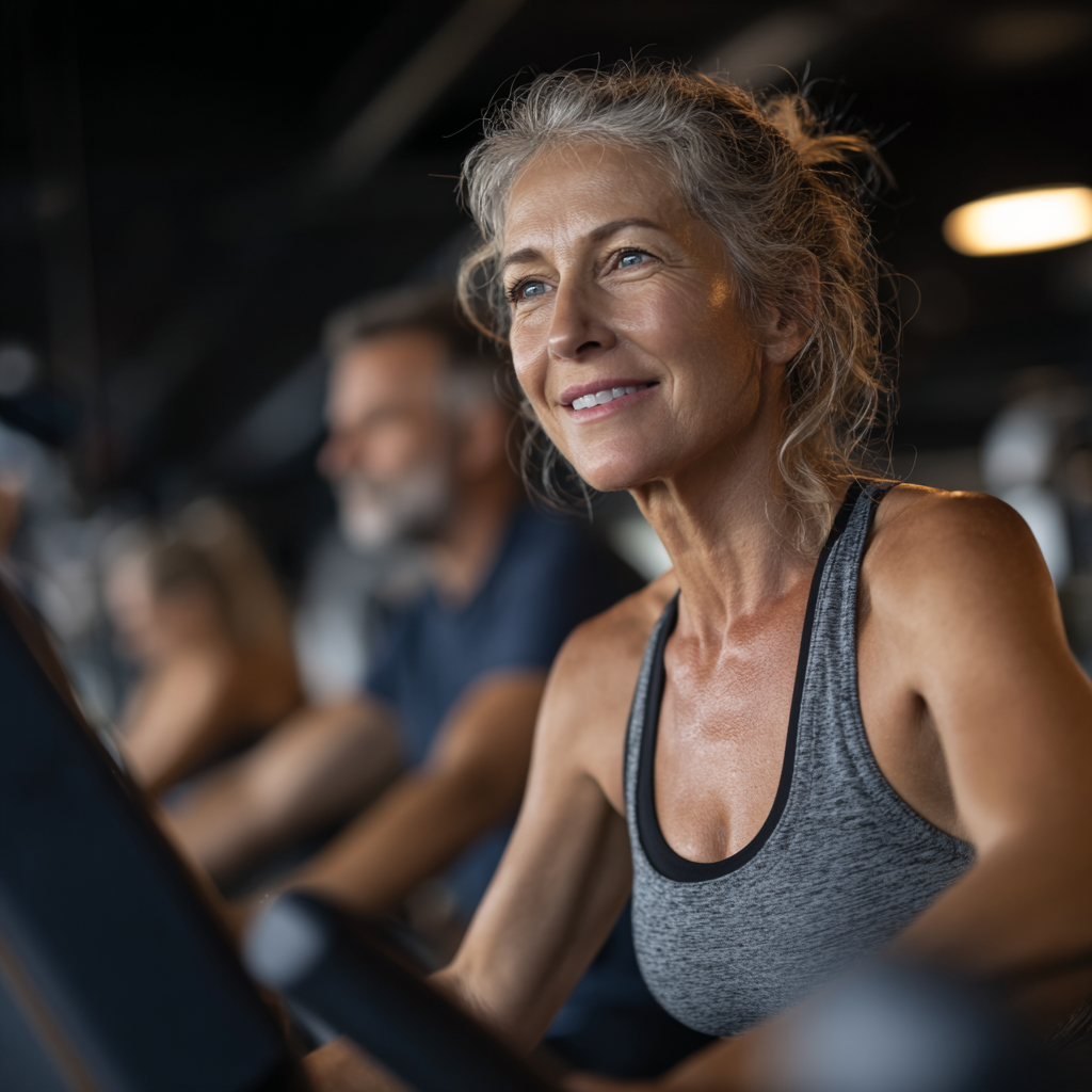 Diverse group of middle-aged and older adults celebrating fitness achievements together
