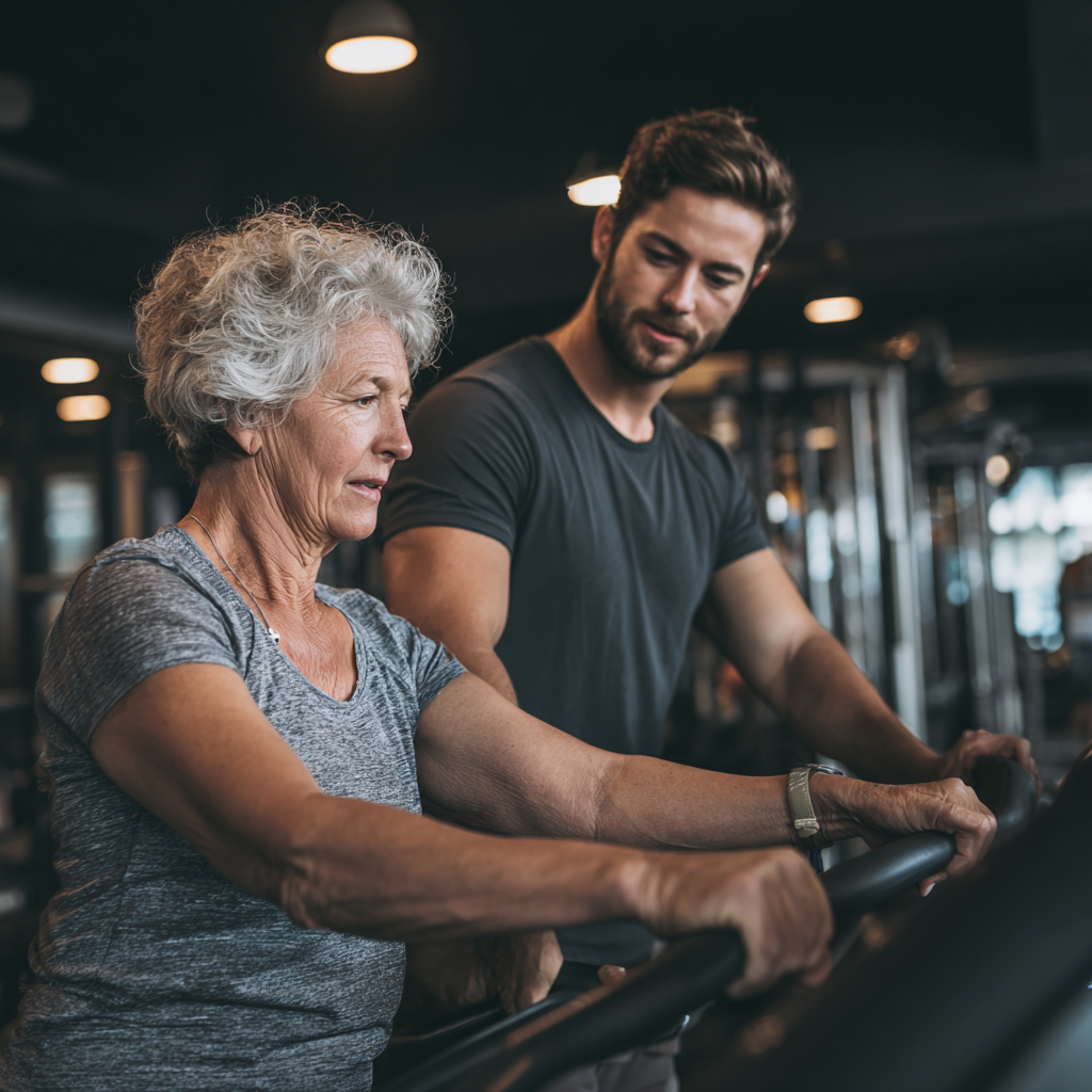 Professional fitness trainer working with mature adults in well-equipped exercise environment